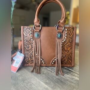 Montana West Leather Cowgirl Fringed Turquoise Handbag